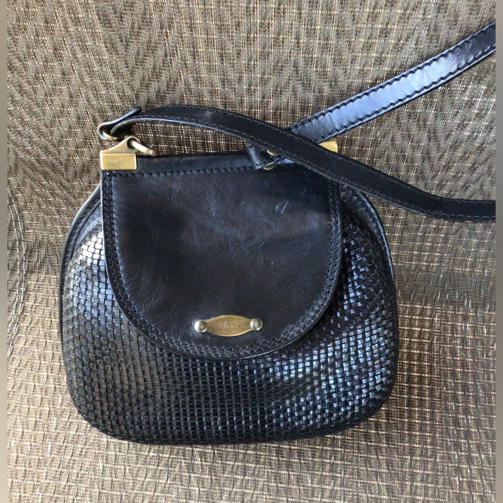 Rufra Firenze Italian Black Woven Leather Saddle Crossbody Bag